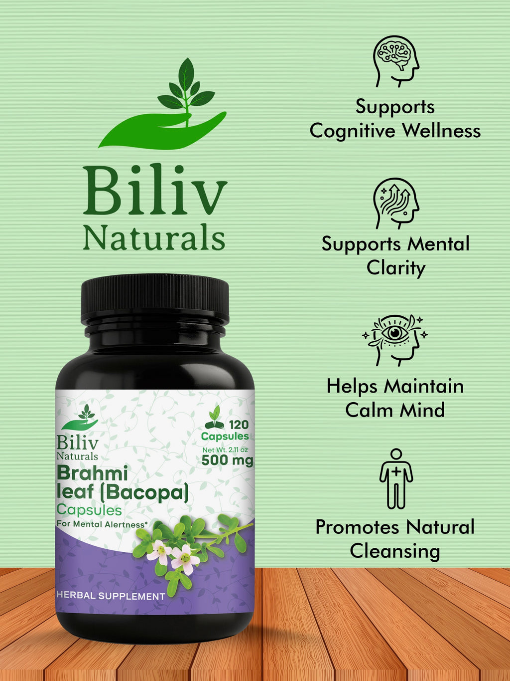 Brahmi Leaf (Bacopa Monnieri) Capsules — 1000 mg Per Serving, 120 Count