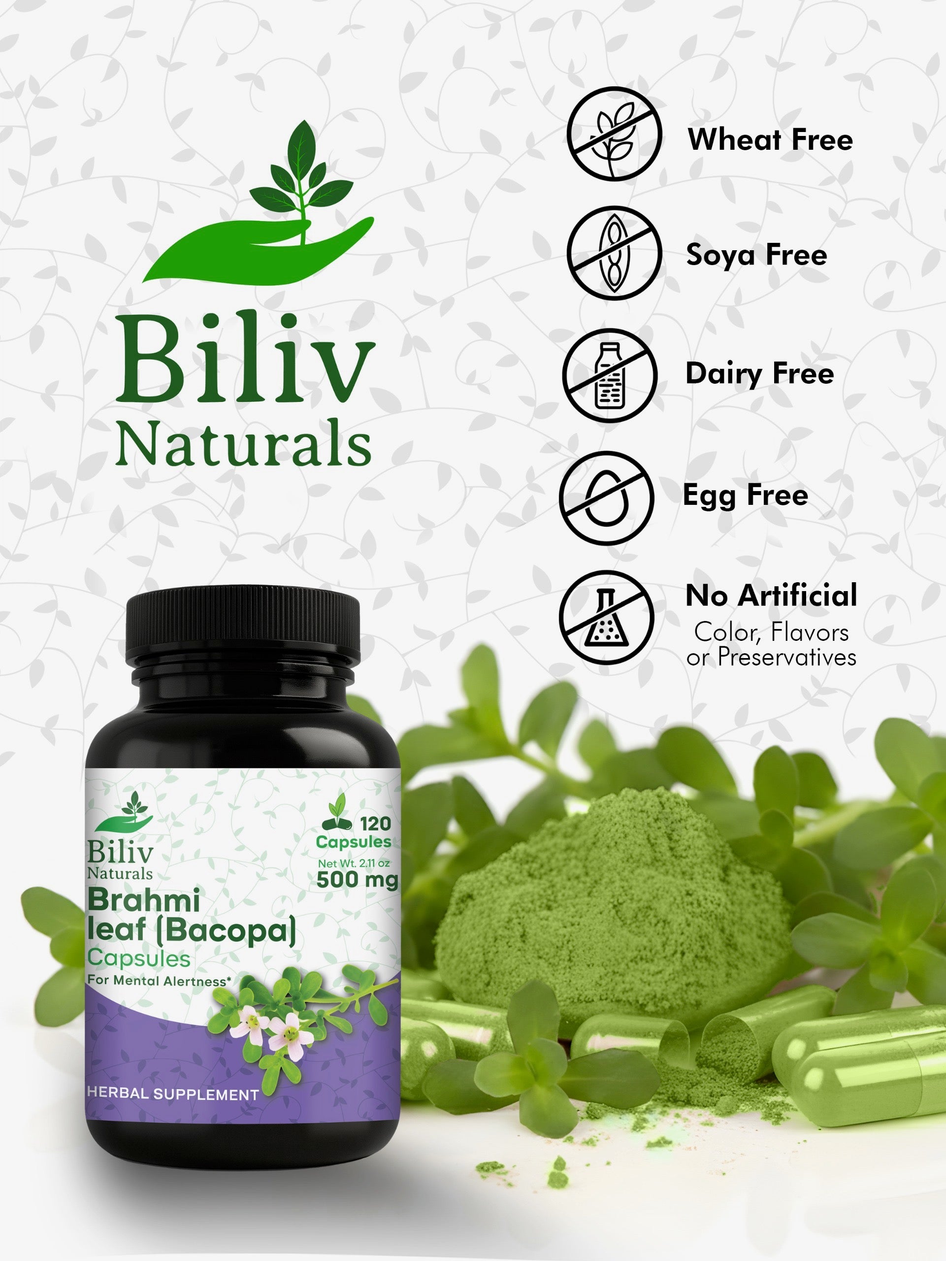 Brahmi Leaf (Bacopa Monnieri) Capsules — 1000 mg Per Serving, 120 Count