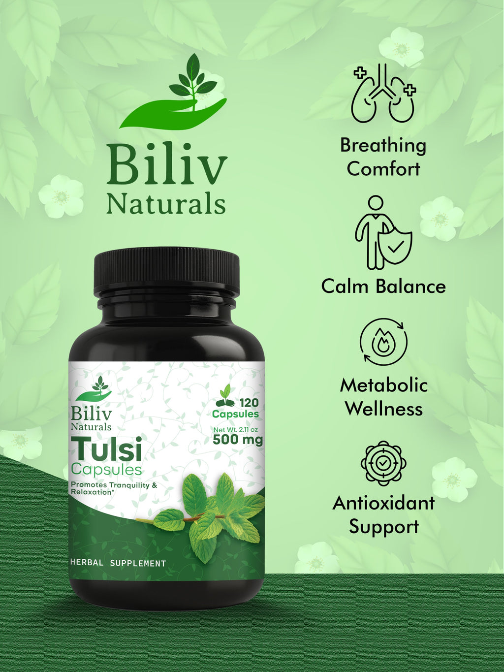 Tulsi (Holy Basil) Capsules — 1000 mg Per Serving, 120 Count